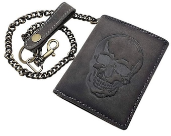Echt Büffel-Vollleder Bikerbörse / Geldbörse / Geldbeutel / Portemonnaie mit Metallkette mit Totenkopf-Motiv und RFID & NFC Schutz in Grau