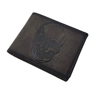Echt Büffel-Vollleder Querformat Geldbörse / Geldbeutel / Portemonnaie mit Totenkopf-Motiv und RFID & NFC Schutz in Vintage-Grau