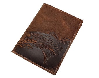 Real buffalo full leather portrait format wallet / purse / wallet with fish motif and RFID & NFC protection in brown