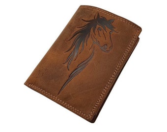 Buffalo full leather women's wallet / purse / purse / purse / purse with horse motif and RFID & NFC protection cognac