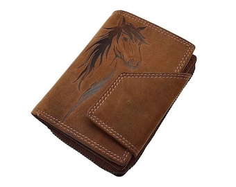 Buffalo full leather women's wallet/purse/purse/purse/purse with horse motif and RFID & NFC protection cognac