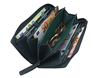 Große Vollrindleder Damen Geldbörse / Geldbeutel / Portemonnaie / Geldtasche mit RFID & NFC Schutz in Dunkelgrün