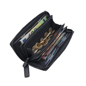 Große Rind-Nappa Leder Damen Geldbörse / Geldbeutel / Portemonnaie / Portmonaise / Geldtasche / Portmonee mit RFID & NFC Schutz in Schwarz