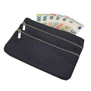 Große Rindleder Banktasche / Bankmappe / Geldmappe / Geldtasche / Geldbörse / Portemonnaie mit 3 Reißverschlussfächern in Schwarz