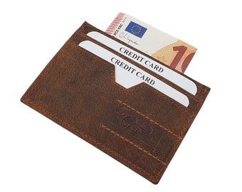 Flat buffalo leather credit card case / card case / business card case / check card case with RFID & NFC protection in cognac