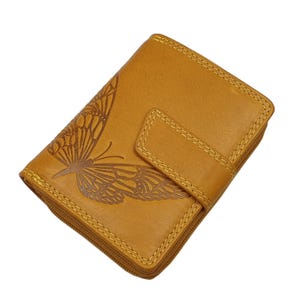 Kleine Echt Rindleder Damen Geldbörse / Geldbeutel / Portemonnaie / Geldtasche mit Schmetterling Motiv und RFID & NFC Schutz Gelb