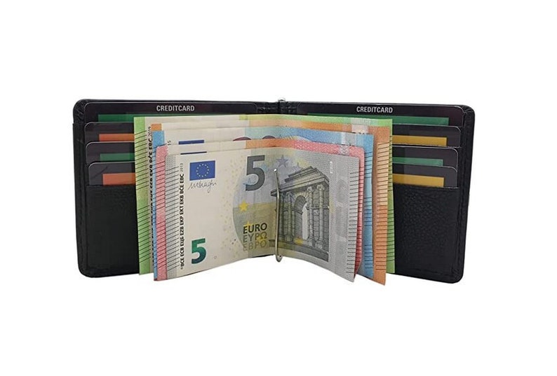 Rindleder Dollarclip Geldbörse / Geldbeutel / Portemonnaie / Portmonaise / Geldtasche mit RFID & NFC Schutz mit Ersatzdollarclip in Schwarz afbeelding 1