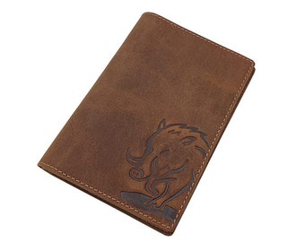 Buffalo full leather ID folder with wild boar motif for vehicle license, severely disabled person's license, weapon license, hunting license etc. in brown