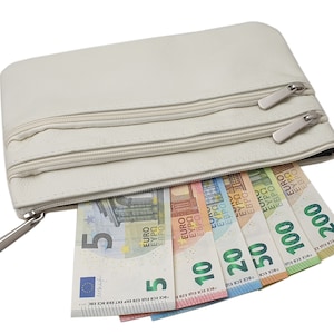 Große Rindleder Banktasche / Bankmappe / Geldmappe / Geldtasche / Geldbörse / Portemonnaie mit 3 Reißverschlussfächern in Weiß