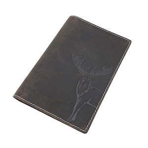 Büffel-Vollleder Ausweismappe mit Hirsch Motiv für Fahrzeugschein, Schwerbehindertenausweis, Waffenschein, Jagdschein etc. in Vintage-Grau