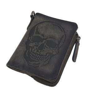 Büffel-Vollleder Geldbörse / Geldbeutel / Portemonnaie / Geldtasche / Portmonee mit Totenkopf-Motiv und RFID & NFC Schutz in Vintage-Grau