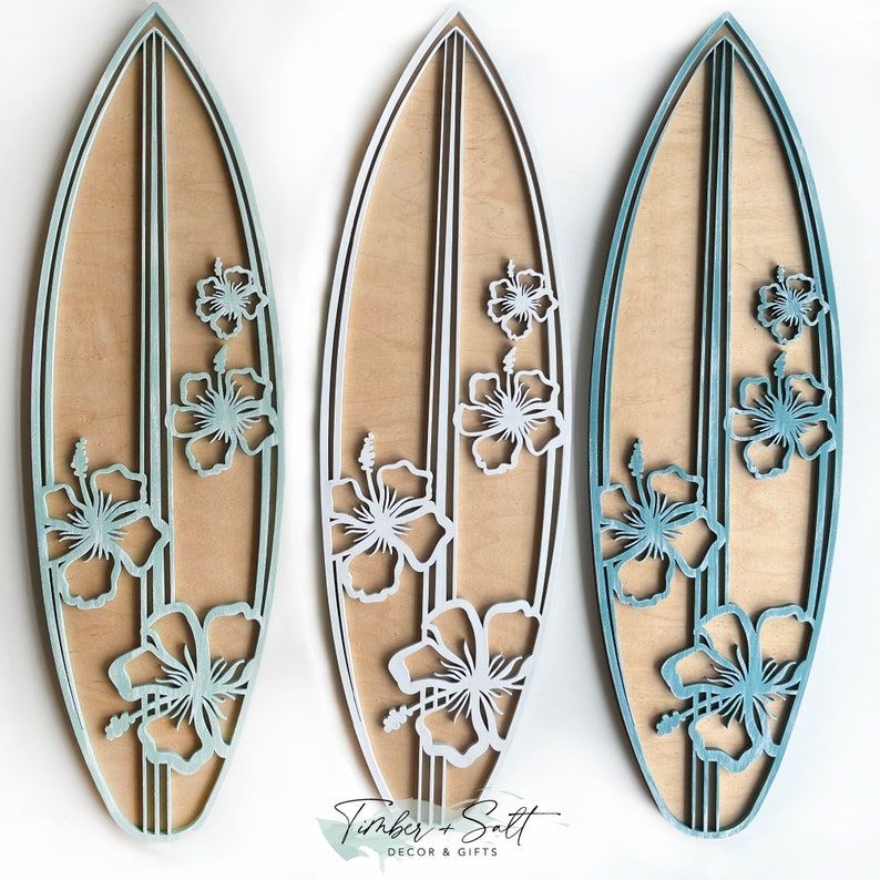 Surfboard Wall Decor Trio With Hibiscus Details Coastal Wall Etsy