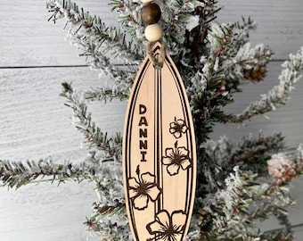 Personalized Engraved Surfboard Ornament With Hibiscus Details -  Walnut or Maple - Coastal Christmas Ornament or Gift Tag