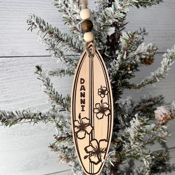 Personalized Engraved Surfboard Ornament With Hibiscus Details -  Walnut or Maple - Coastal Christmas Ornament or Gift Tag