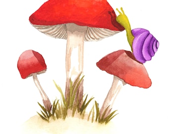 Mushrooms and Snail Watercolor Print