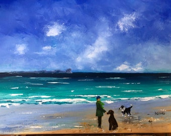 May include: A painting of a person walking two dogs on a sandy beach. The sky is blue with white clouds. The ocean is turquoise and the waves are white. The person is wearing a green jacket and a blue hat. The dogs are brown and black and white.