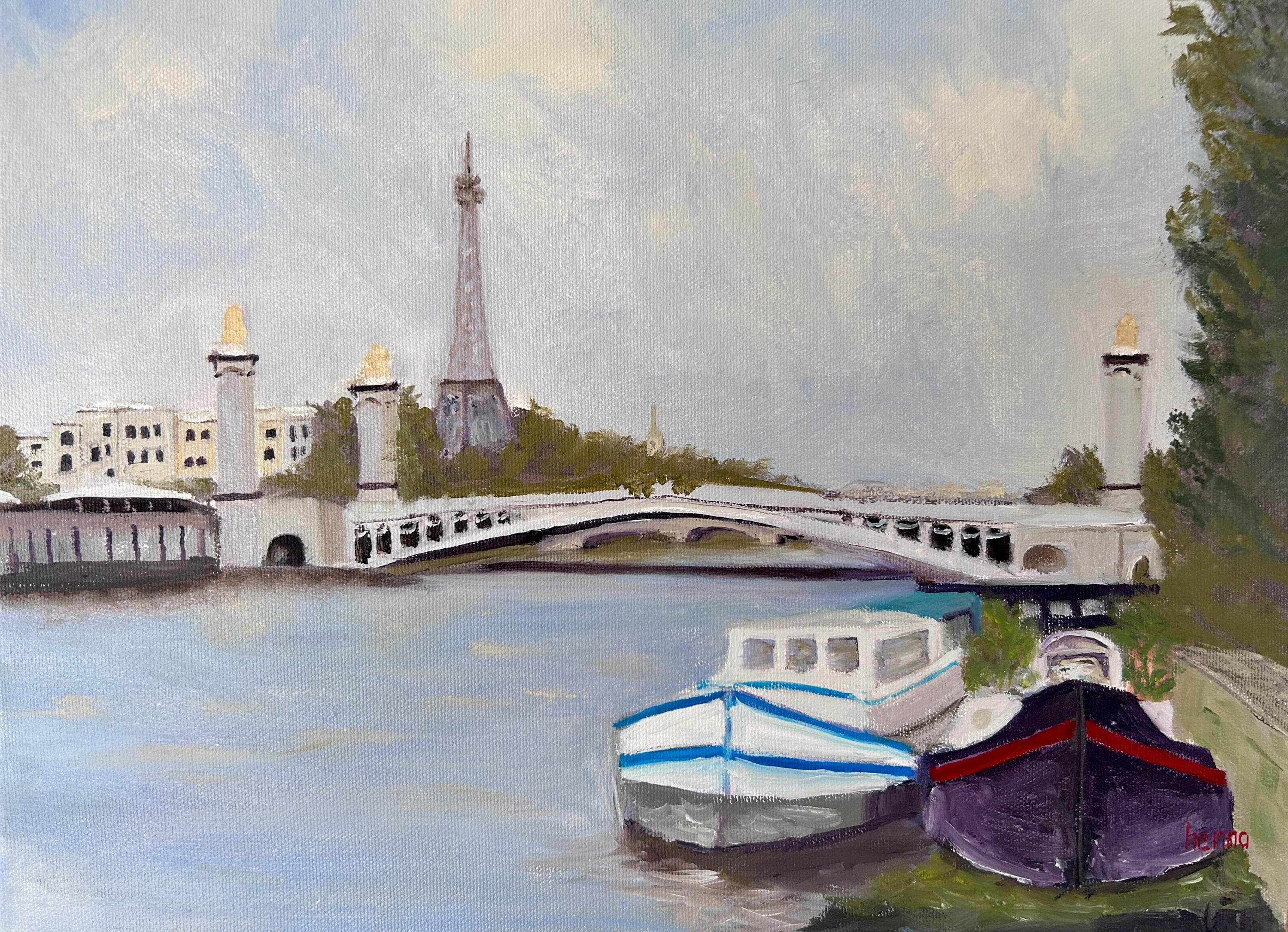 エッフェル塔の油絵：パリのセーヌ川の街並み、16インチ×12