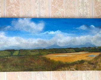 Back strand view from the dunes, Original Oil Landscape, Mountain range, Panoramic Painting, Cloud painting  Stretched Canvas, 24" x 12"