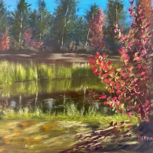 Original Autumn Forest Pond Oil Painting: Nature Wall Art (16x12)