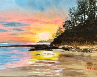 Sunset over back strand  , Original, Acrylic Painting, Nature Artwork, Deep Edge Canvas 12" x 8", Peaceful  seascape Art,