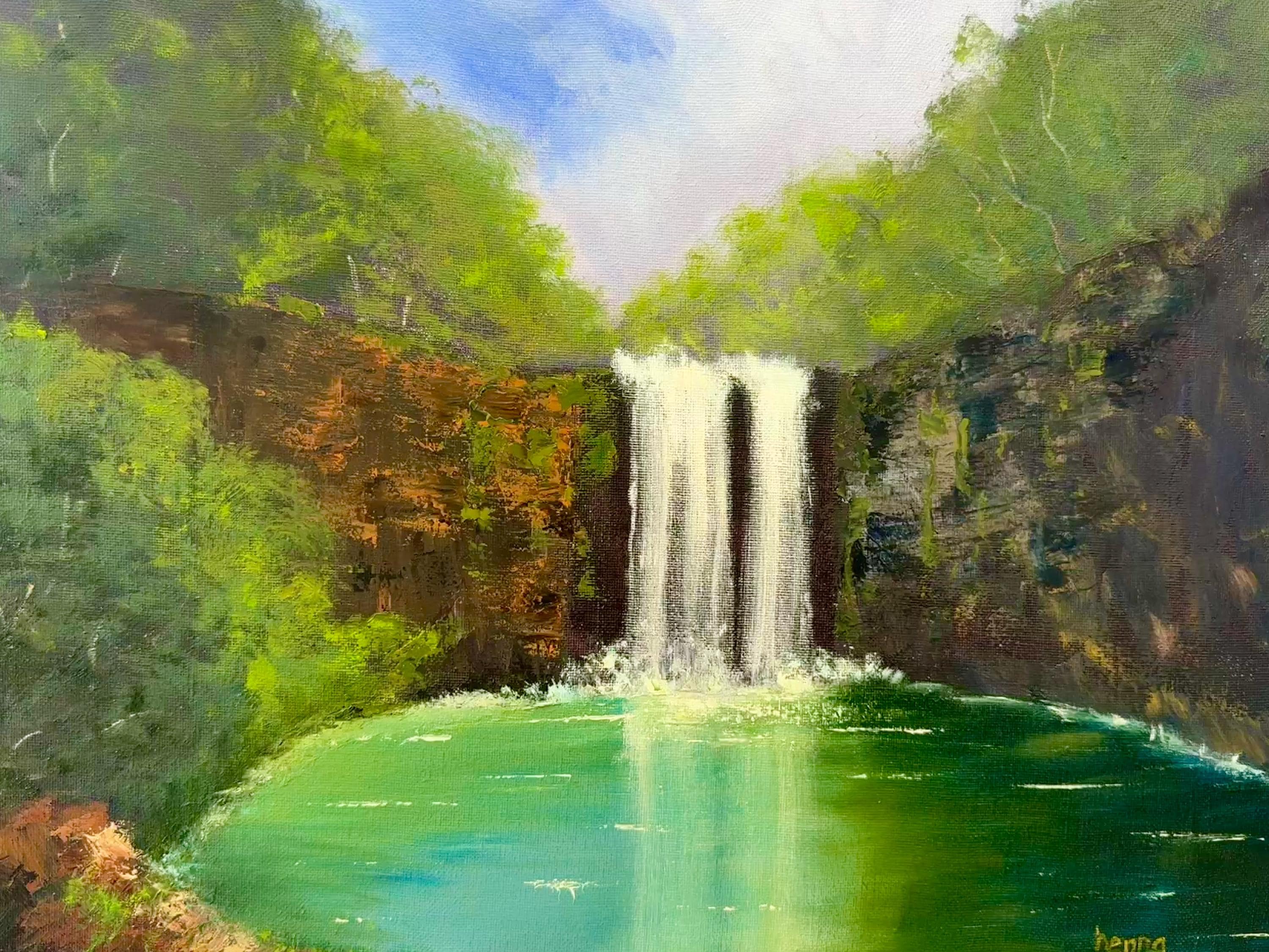 雄大な滝の油絵：オリジナルの森の風景画（20x16） - Etsy 日本