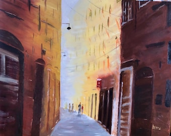 Dipinto a olio raffigurante un paesaggio urbano italiano dipinto a mano: opera d'arte originale (50,8 x 40,6 cm)