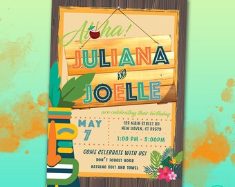 Birthday Party Invitation | Kids Party Invitation | Luau Theme Invitation | Hawaii Theme Invitation | Tiki Theme Invitation | Twin Birthday