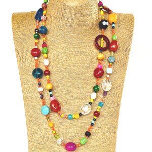 One-of-a-Kind Colorful Statement Necklace – A Blend of Natural Stones, Crystals, Seed Beads, and Bone Beads. Artistic and Eye-Catching