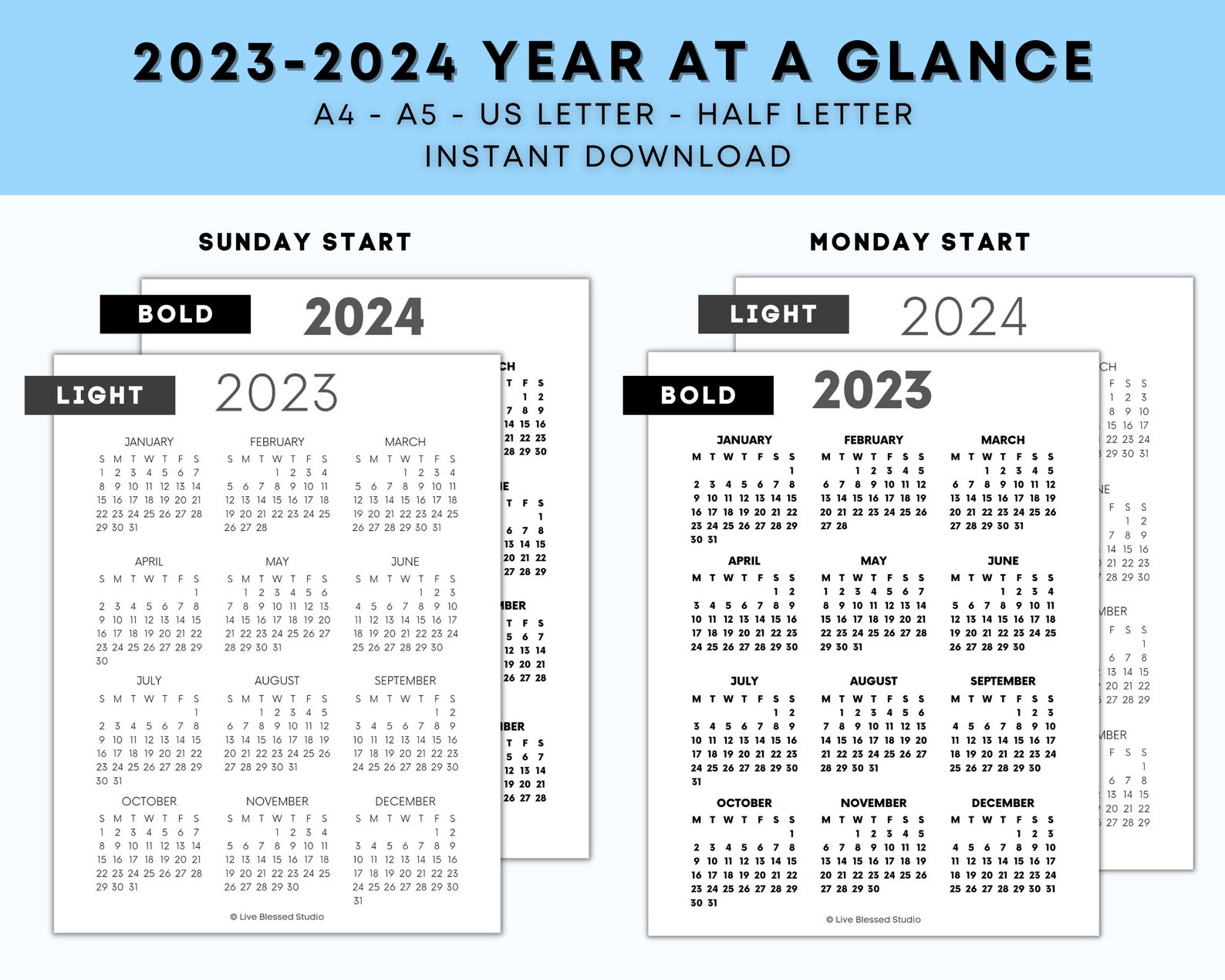 20232024 Year at a Glance Calendar Printable Yearly Agenda Etsy
