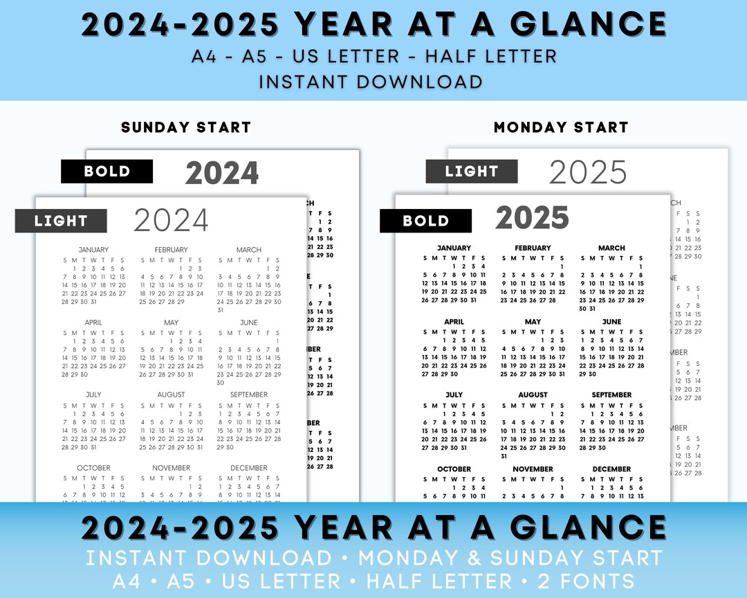 20242025 Year at a Glance, Calendar Printable, Yearly Agenda, US