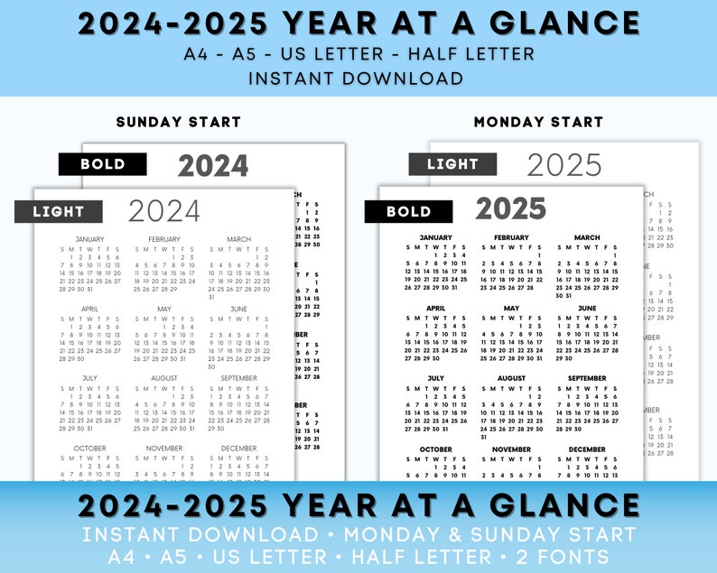 20242025 Year at a Glance, Calendar Printable, Yearly Agenda, US