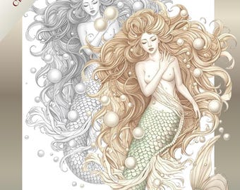 Celestial Tides: Meerjungfrau und Einhorn zum Ausmalen | 16 kuratierte Fantasy Illustrationen | Printable Erwachsene Färbung | Teil 2