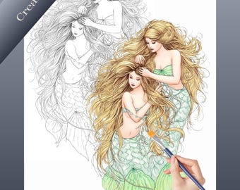 Celestial Tides: Meerjungfrau und Einhorn zum Ausmalen | 16 kuratierte Fantasy Illustrationen | Printable Erwachsene Färbung | Teil 1