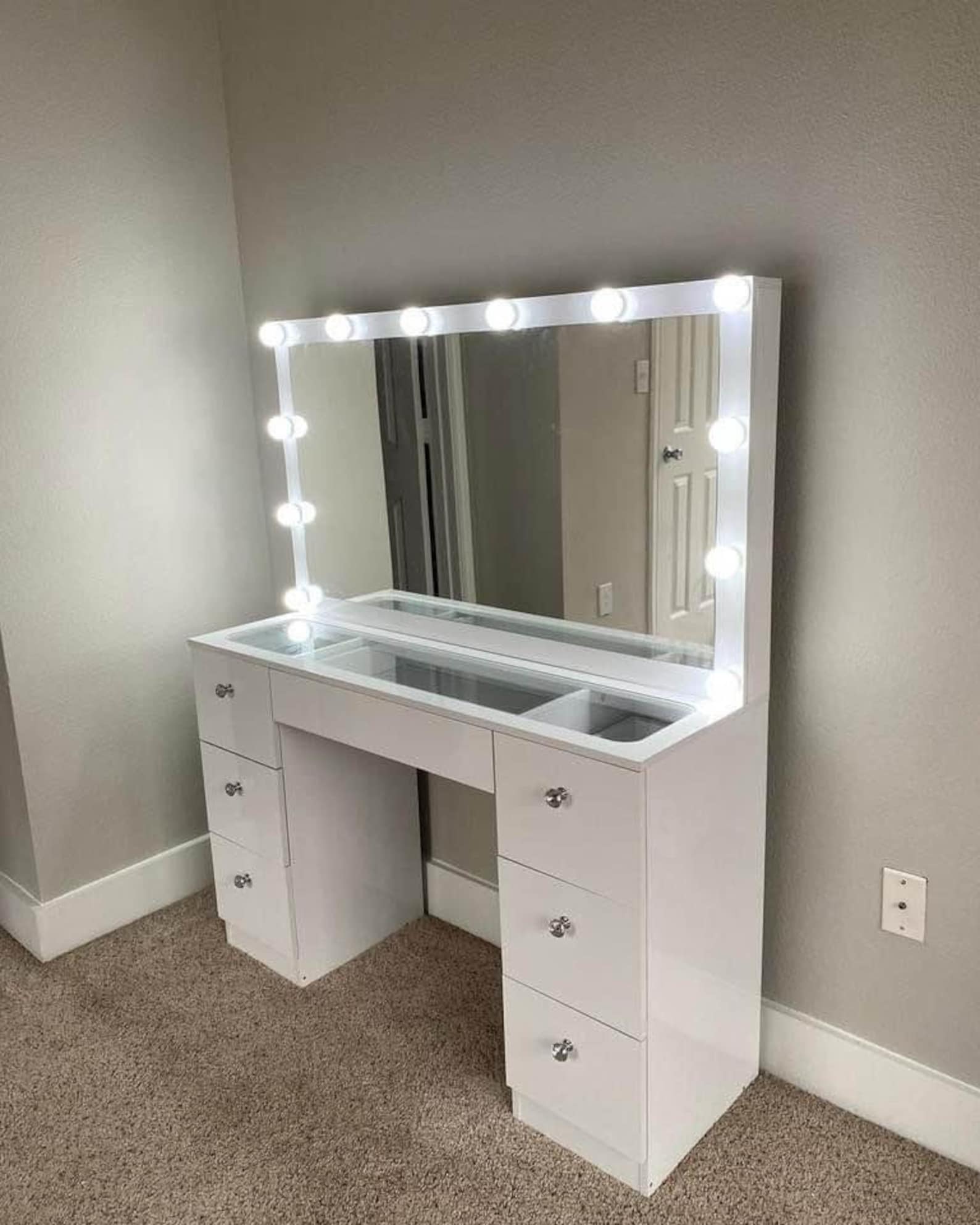 07 Drawers Glass Top White Makeup Vanity With Mirror and Set - Etsy