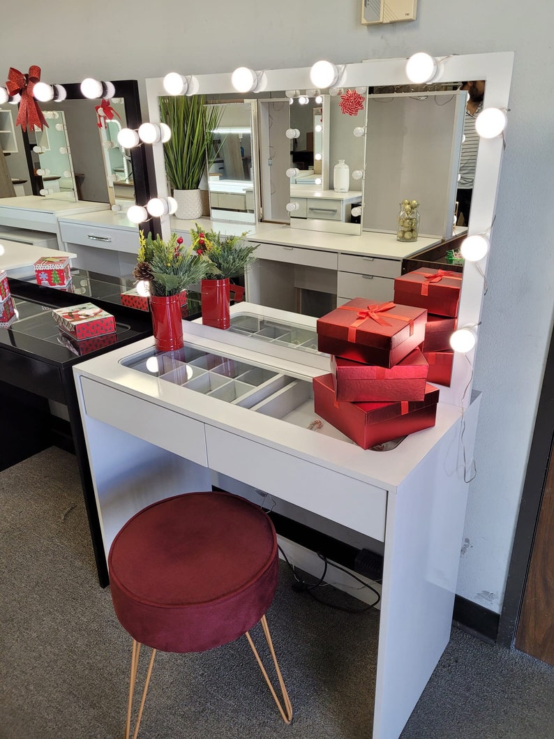 02 Drawers Glass Top Dressing Table With Mirror and Set of 10 Etsy