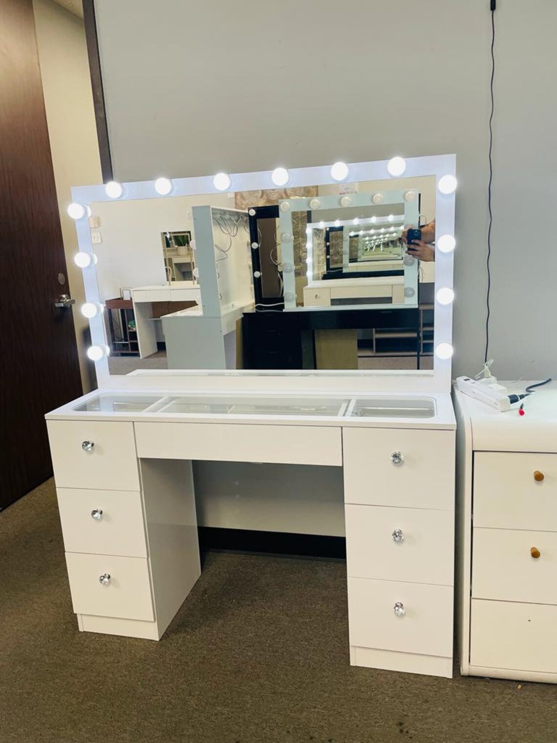 07 Drawers Glass Top White Makeup Vanity With Mirror and Set - Etsy