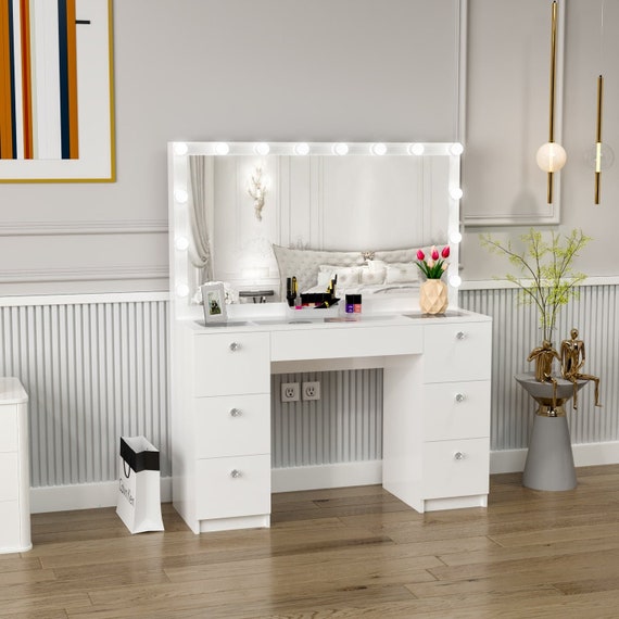 07 Drawers Glass Top White Makeup Vanity With Mirror Set - Etsy