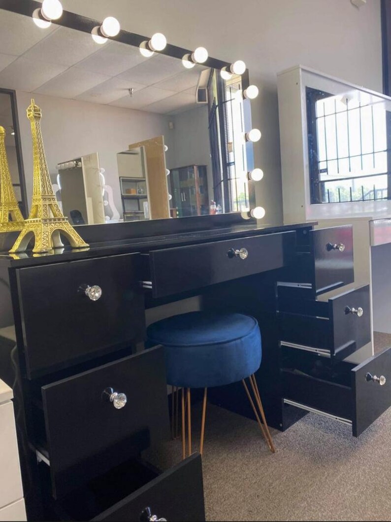07 Drawers Glass Top Black Makeup Vanity With Mirror and Set Etsy