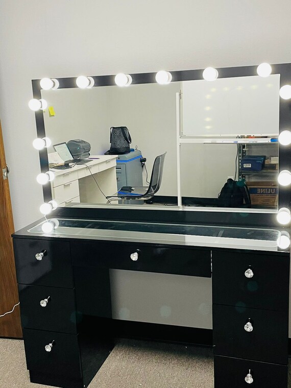 07 Drawers Glass Top Black Makeup Vanity With Mirror and Set - Etsy