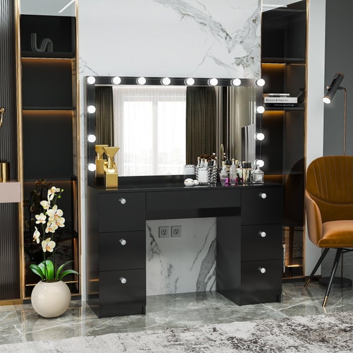 07 Drawers Glass Top Black Makeup Vanity With Mirror and Set - Etsy