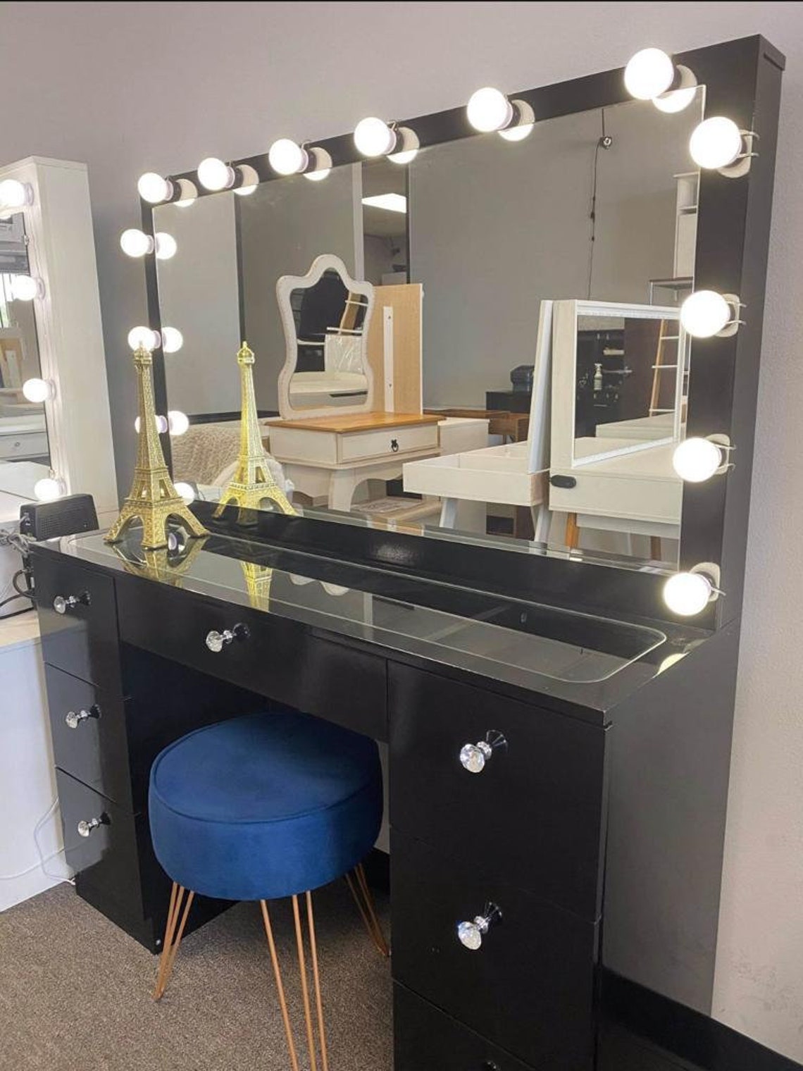 07 Drawers Glass Top Black Makeup Vanity With Mirror and Set Etsy