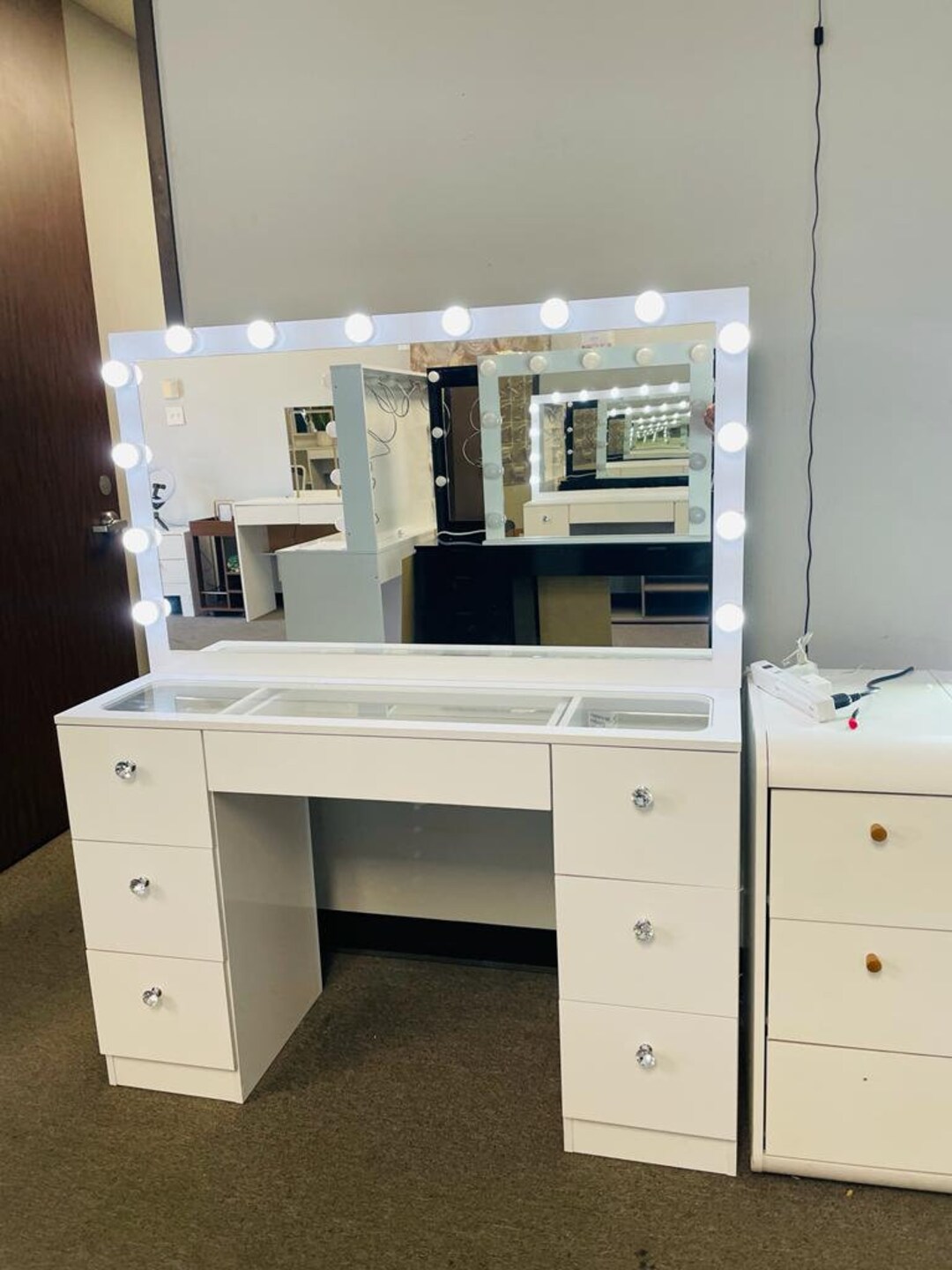 07 Drawers Glass Top White Makeup Vanity With Mirror and Set - Etsy