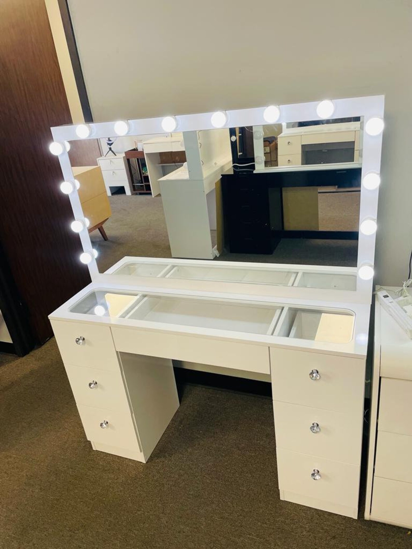 07 Drawers Glass Top White Makeup Vanity With Mirror and Set Etsy