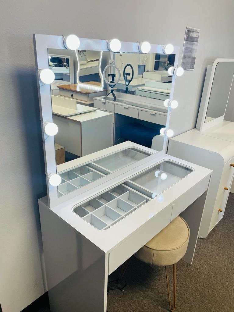 02 Drawers Glass Top Dressing Table With Mirror and Set of 10 Etsy UK