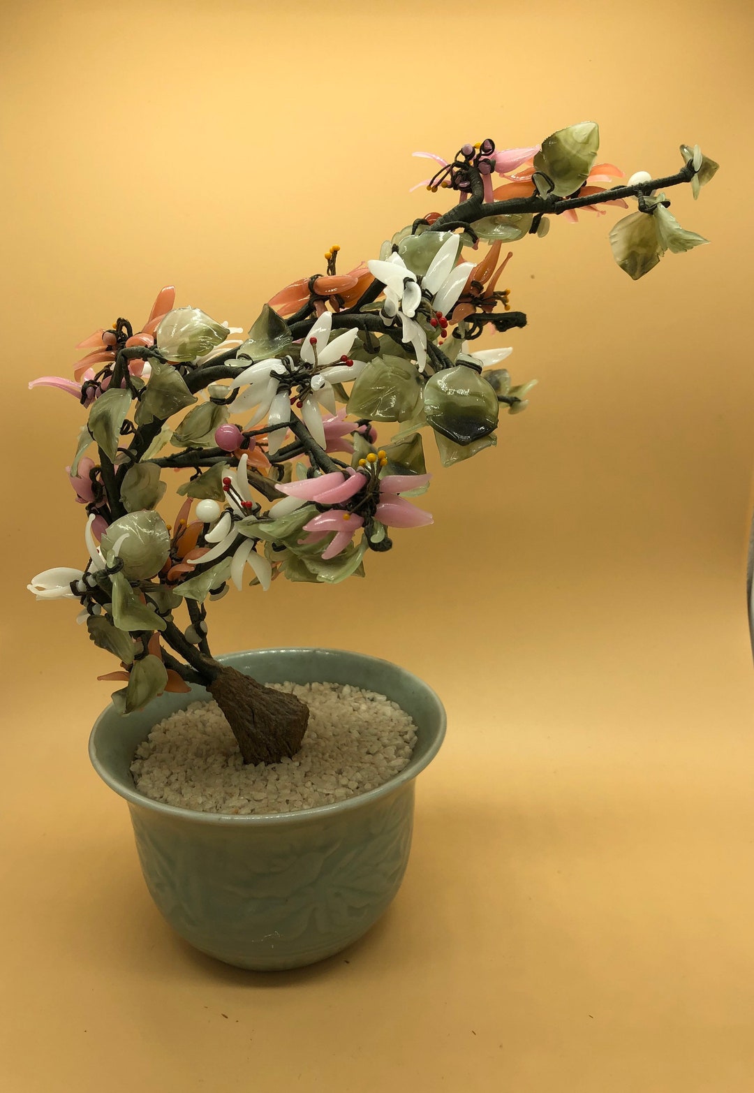 Vintage Jade Glass Bonsai Tree Pink Green White Coral W Etsy