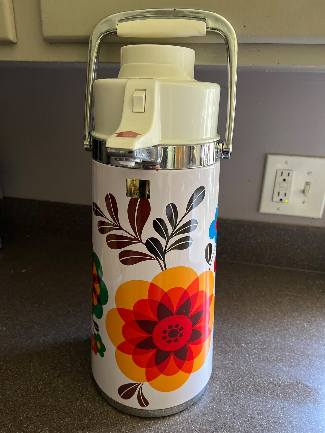 Kitschy Flower Pattern Eagle Brand Thermos W Working Pump for Hot or