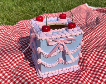 Vintage-Style Periwinkle, Pink, and Purple Bow Tissue Box with Cherries! Includes FREE Accessory!