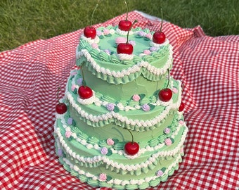 Vintage-Style Green Three Tier Fake Cake with Pink and Purple Roses and Cherries! Super Cute and Unique Accent Home Decor!