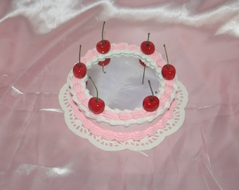 Vintage-Style Kawaii Pink and White Fake Cake Mirror with Cherries! Includes FREE Accessory!