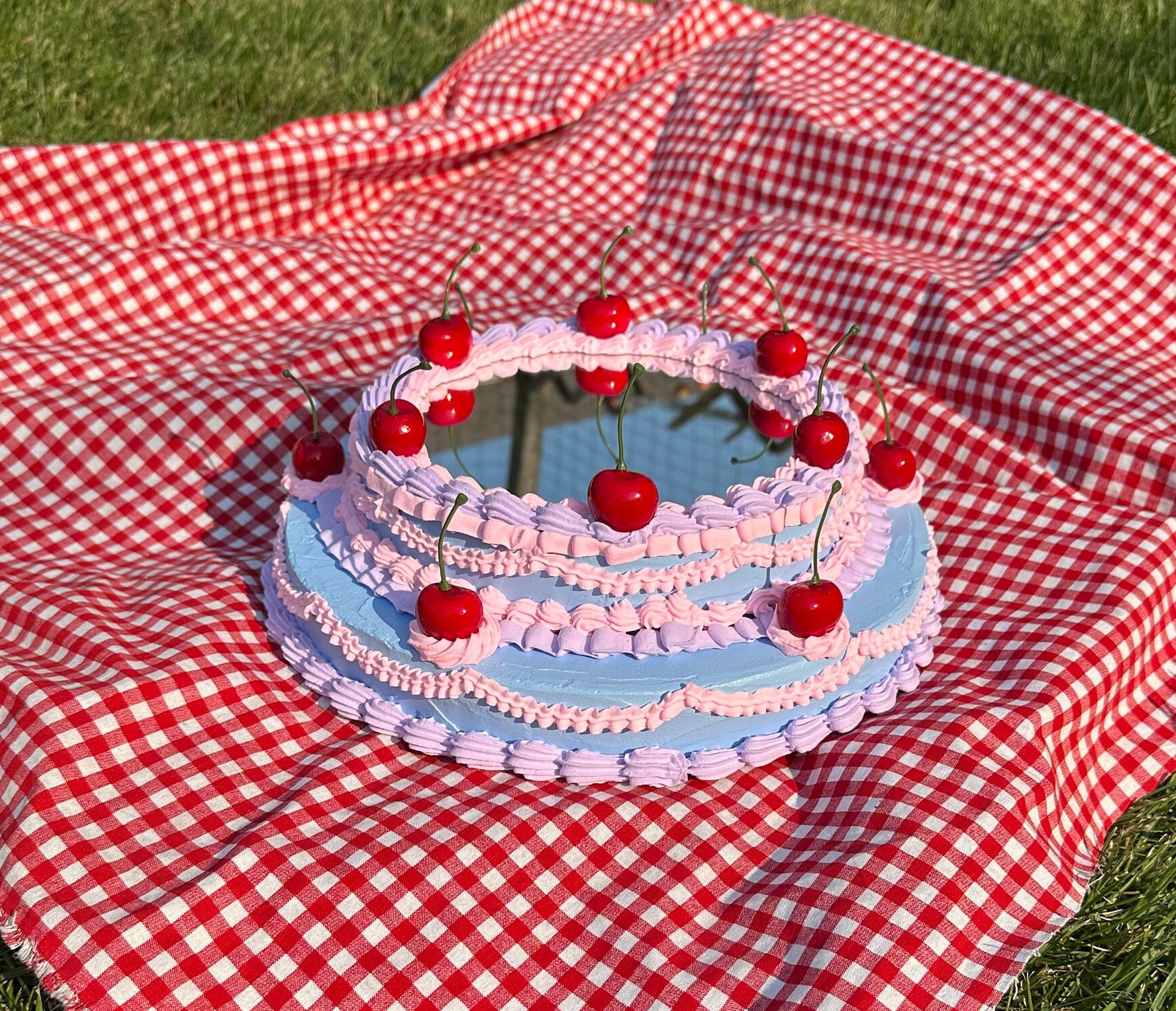 Vintage Style Periwinkle, Pink, and Purple Two-Tier Cherry Fake Cake Mirror! Includes FREE Accessory!